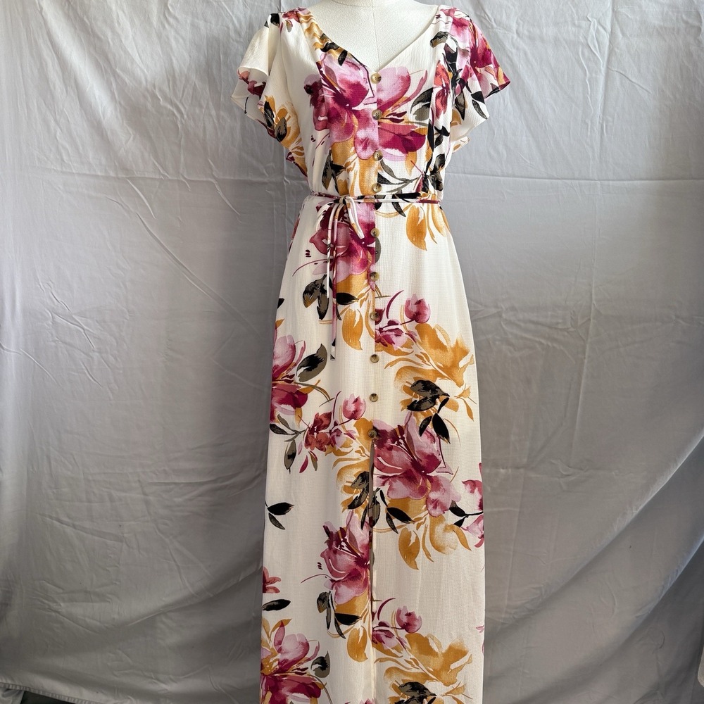 iZ Byer Maxi Dress Flutter Sleeve Front‎ Slit Floral Women S Beige Lined Cottage
